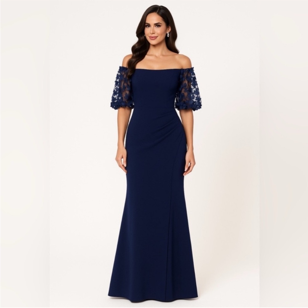 Size 4 Navy Off Shoulder Floral Sleeve Formal Gown Xscape NWT